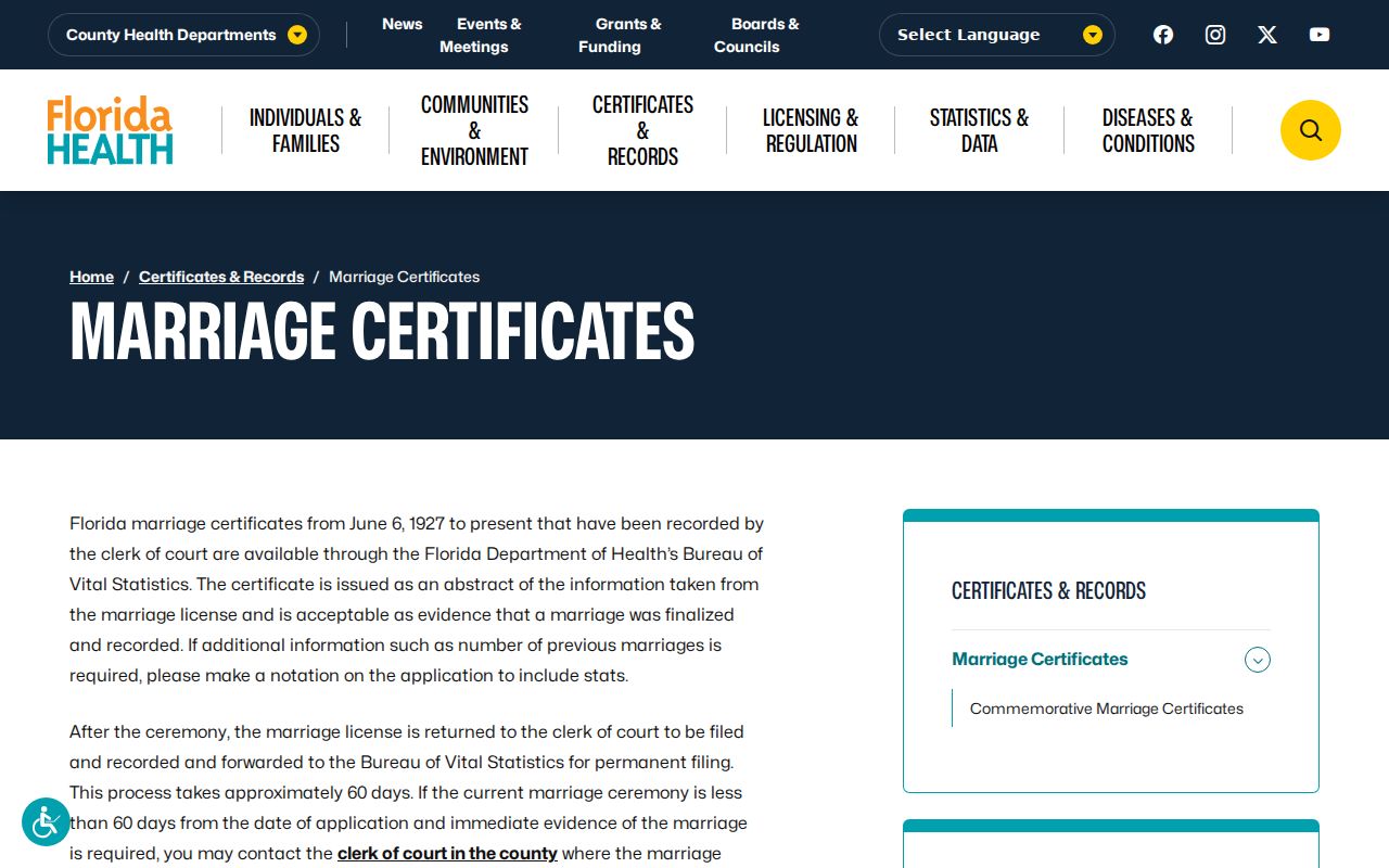 Florida marriage records for a Winter Park resident lookup