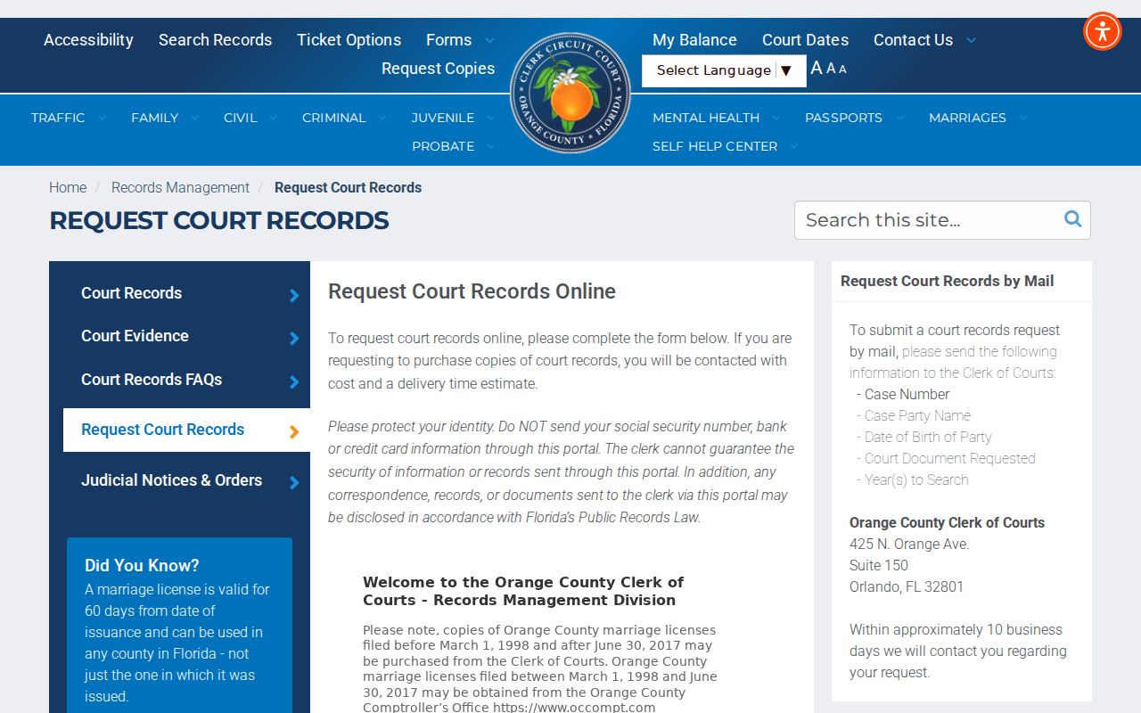 Orange County court requests for a Winter Park resident lookup