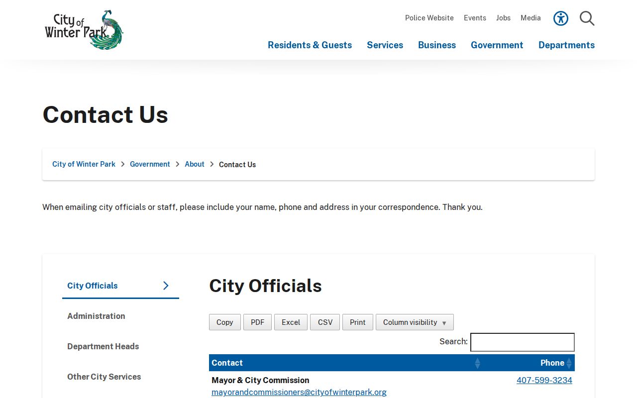 Winter Park street directory contacts for permit and code records